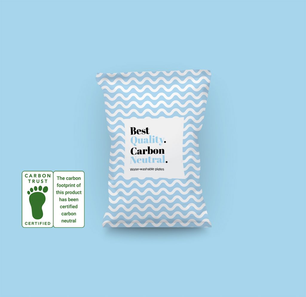 Mock-up of a blue cereal bag with white wavy lines and with the Asahi slogan for the AWP DEW products: Best Quality. Carbon Neutral. This on a light blue background.